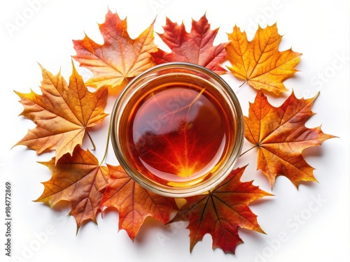 Maple syrup in glass bowl with autumn leaves