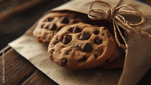 Freshly baked chocolate chip cookies wrapped in a rustic paper bag, tied with twine, evoke warmth and indulgence.