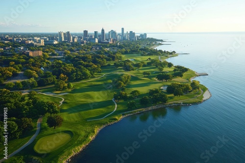 Recreational spots in milwaukee county: aerial views of bradford beach, north point lighthouse, lake park golf course, and the beautiful downtown milwaukee cityscape