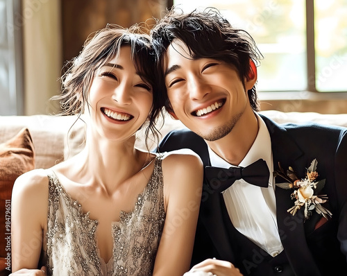 A joyful portrait of an Asian bride and groom sharing a relaxed, light-hearted moment, smiling and laughing together as they sit side by side. 