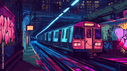 Graffiti metro dark station subway train underground transportation tunnel urban lights illustration. Subway Station. Illustration