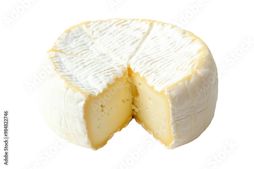 Soft cheese wheel with a wedge cut out. Brined curd isolated on white transparent background. Food and dairy product concept.