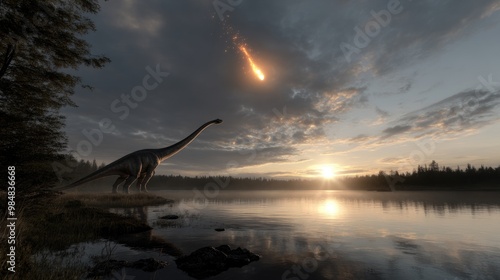 Cosmic collision: the fall of an asteroid with its fragments, depicting the destruction and chaos unleashed upon dinosaurs, symbolizing the end of an era through powerful imagery of nature's force.