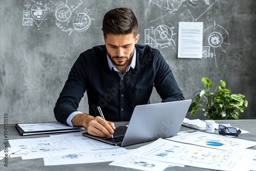 Franchisee working on a business plan, with franchise documents and a laptop on the table