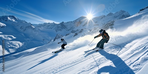 Two skiers ski down the slope against majestic snow-capped mountains, with a blue sky and bright sunshine.