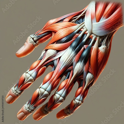 Anatomical illustration of intrinsic muscles of the hand showing detailed finger musculature