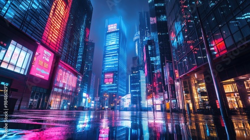 A night shot of a city center with illuminated skyscrapers and high-rise buildings, reflecting vibrant city lights and neon signs in the glass facades.