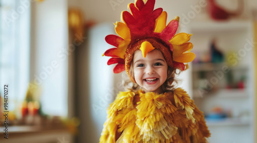 A joyful child dressed in a colorful turkey costume celebrates at home with a cheerful smile and festive decorations