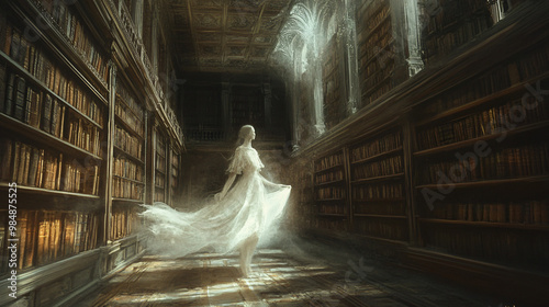 A ghostly woman floating through an ancient library, her dress trailing in the cold, musty air.