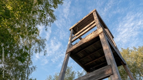 A rustic wooden lookout tower with an upper balcony, offering a panoramic view of the surrounding nature.