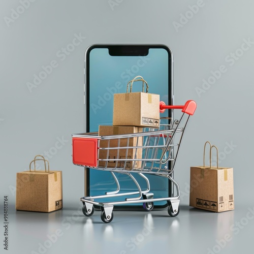 Online shopping concept with cart and bags on smartphone