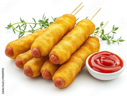 Delicious corn dogs on skewers served with ketchup and garnished with fresh herbs, perfect for snacks or party appetizers, white background