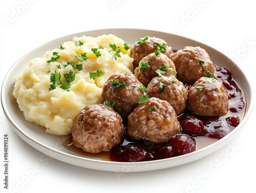 Delicious meatballs served with creamy mashed potatoes and tangy cranberry sauce, perfect for comfort food lovers, white background