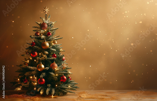 A beautifully decorated Christmas tree on golden or beige background with copy space for text