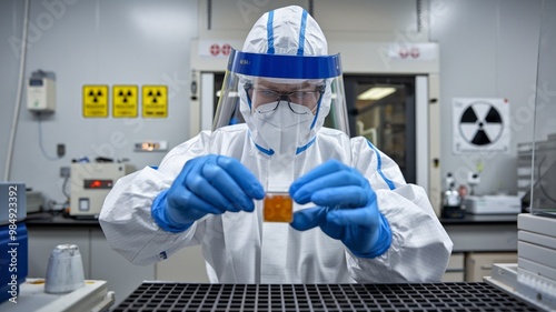 Researcher in full protective gear handles radioactive materials in secure lab