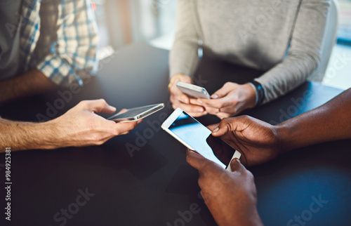 Phone, hands and people networking in circle for information, notification and online communication. Closeup, group diversity and download cellphone app for contact, iot data or social media software