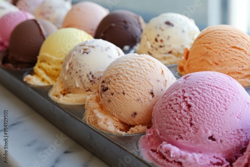 Scoops of ice cream awaiting customers in metal tubs