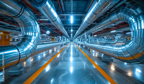 A large industrial building with many pipes and a bright blue ceiling. The building is filled with a metallic, industrial feel, with the pipes stretching out in all directions