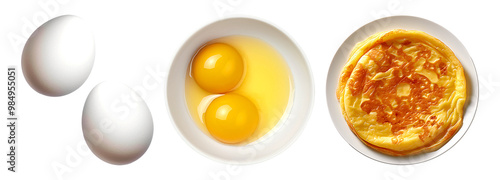 Eggs showcase their culinary journey, from whole white eggs to separated yolks in a bowl, culminating in a golden-brown omelette, ready to be enjoyed