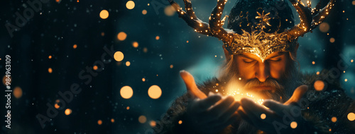 Man with antler headdress holding fiery light. Pagan New Year celebration concept. Image for event poster and holiday greeting card.