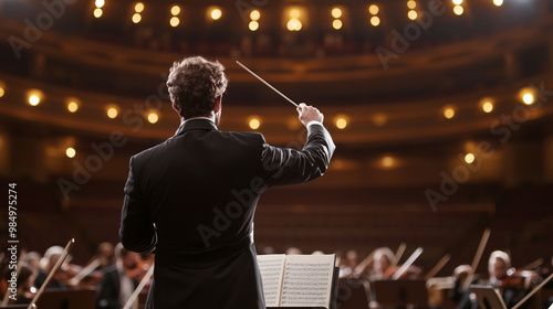 male conductor leading a classical orchestra, passionately directing the musicians with a baton, highlighting the energy and collaboration in a live performance environment. photo