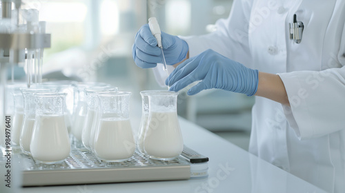 laboratory scene featuring multiple samples of alternative milk products on a workstation, with a food scientist conducting tests, highlighting the growing trend and research in al