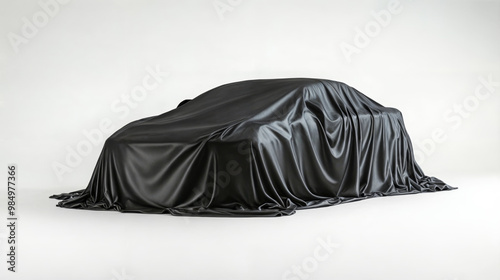 Mysterious black draped cloth hiding a sport car on white backdrop