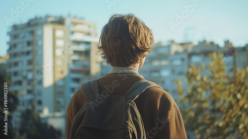 A young man wearing a brown jacket and backpack is standing in front of a tall building. Concept of solitude and contemplation, as the man looks out over the city