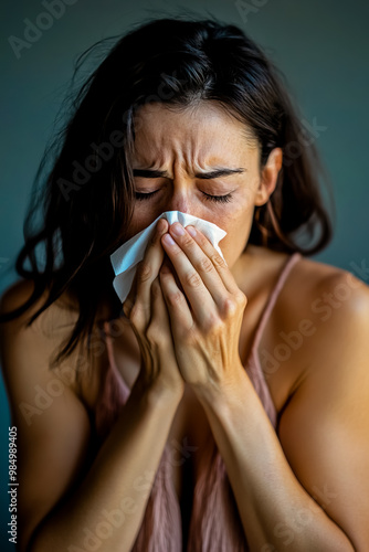 Woman sneezing while holding a Kleenex to her nose.