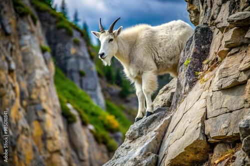 White mountain goat standing on high rocky cliff in wilderness