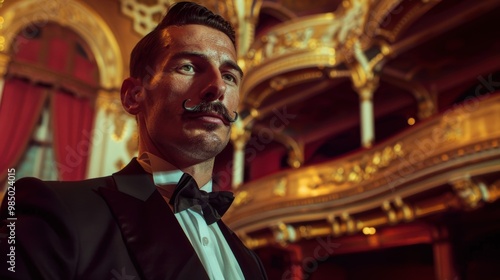 Elegant Man in Tuxedo with Pencil Thin Mustache Standing in Ornate Grand Theater at Night