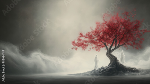 Red tree with ghostly figures in mist, journey to the afterlife