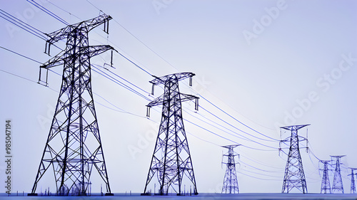 High voltage power line pylon towers for electric transmission infrastructure Electrical Engineering Electricity Supply Technology illustration white backdrop