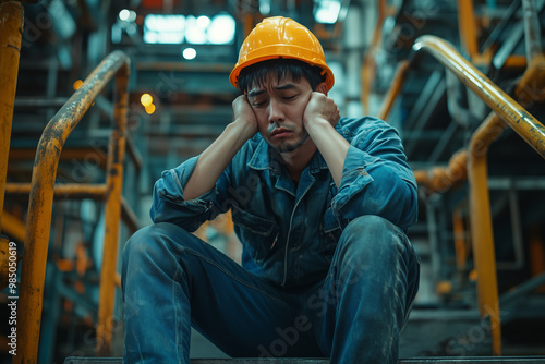 Engineer industry unemployed. Feeling stress, A man in a yellow hard hat sits on a staircase, looking down and looking sad. He is wearing a blue shirt and jeans