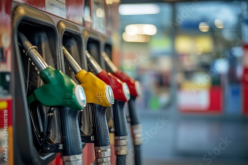 Gas station fuel pump nozzles with different colors, gasoline, diesel, and biofuel. Concept of transportation, energy, and fuel economy.