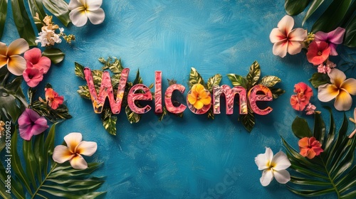 Welcome word on blue flower background. Floral greeting text for events, websites, promotions and hospitality industry