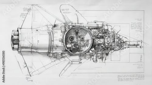 Detailed technical drawing of a rocket engine with exposed internal components.