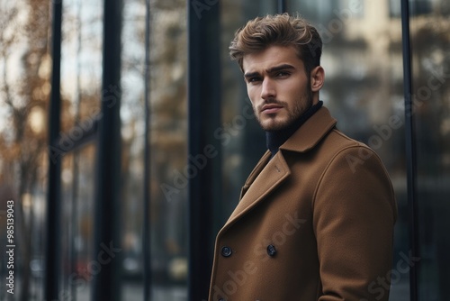 Portrait of young handsome stylish man in elegant coat. Outdoor fashion portrait.