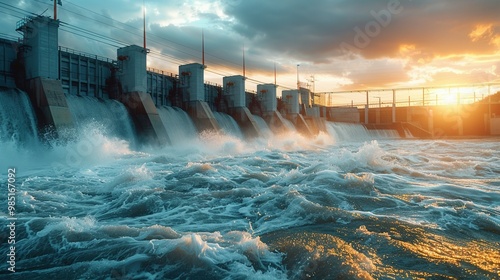 Hydroelectric Dam at Sunset with Turbulent Water