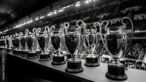 Grayscale of UEFA Champions League trophies in Real Madrid stadium. Spanish football club champions. Santiago Bernabeu stadium interior. Famous football trophies on display. European football league