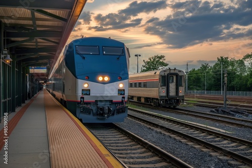 Amtrak train stopped at busy station. Modern railway building with urban architecture. Blue, white color scheme. People boarding, departing from train. Public transportation in North America.