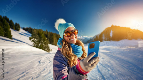 Happy beautiful woman taking a selfie hike 