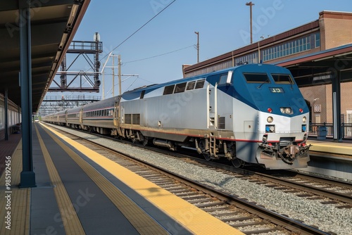 Amtrak train stopped at station. Modern railroad platform with passengers boarding, departing. Urban building in background, blue sky with spring foliage. Public transportation hub in Massachusetts,