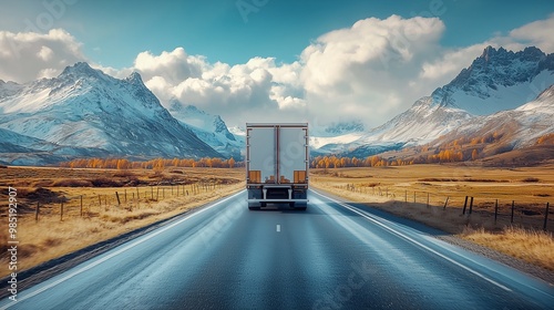 Large white truck traveling down a road seen from behind during the day