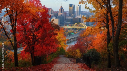 Cityscape with colorful autumn trees in Pittsburgh, Pennsylvania. Skyscrapers, buildings surrounded by vibrant fall foliage. Urban landscape with trees in autumn colors. City park with trees,