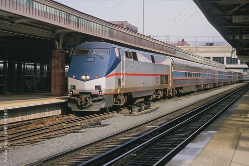 Amtrak train stopped at modern railway station. Urban building with blue colors. Passenger platform, railroad network, public transportation in North America. Locomotive, high-speed rail, landmark,