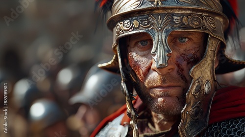 Close Up Portrait of a Roman Soldier in Battle