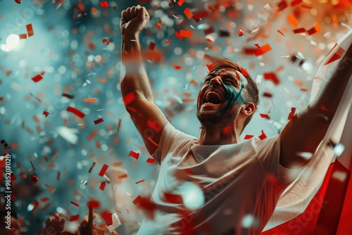 Person celebrates victory with confetti and painted face, holding arms up in triumph. England flag waved, vibrant atmosphere surrounds, medium shot composition.