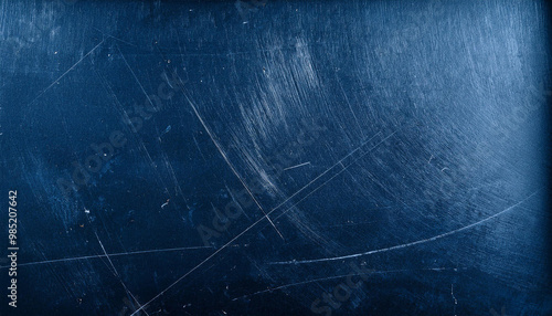 Dusty scratched and scanned old film texture of a metal surface, closeup; dark blue color for backgrounds