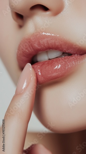 Close-up of a woman's glossy lips with a finger gently touching them.